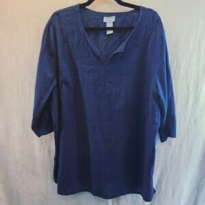 Liz & Co Plus Size 2X Boho Navy Beaded Crochet Detailed Peasant Blouse V Neck